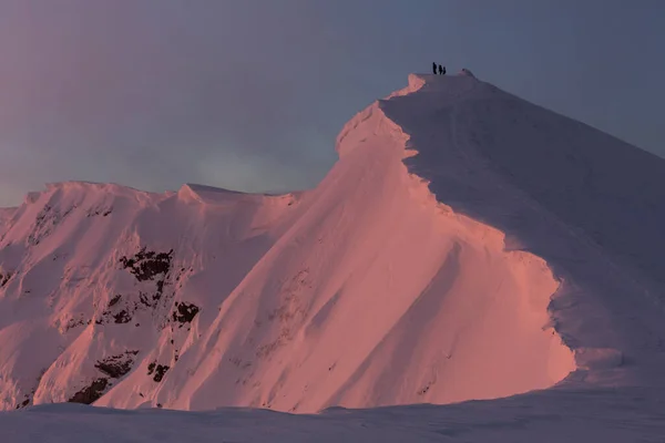 Menschen Der Spitze Umgeben Von Schneesimsen Und Steilen Gefrorenen Hängen — Stockfoto