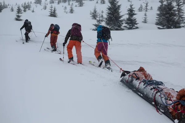 スキー救助者は雪の上で真ん中に犠牲者と一緒に山の中で特別なそり アキヤ を引く — ストック写真