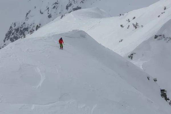 Skieur Descend Une Pente Abrupte Gelée Dans Les Montagnes Une — Photo