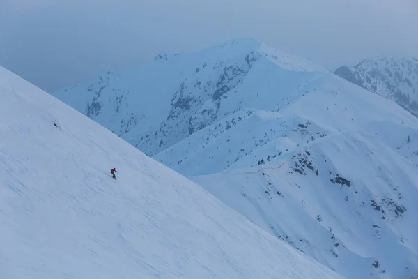 Ein Skifahrer Fährt Eine Schwierige Freeride Route Zwischen Felsen Und — Stockfoto