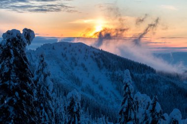 Polonynka Dağı 'nda, karla kaplı ladin ormanları arasındaki couloir' larla muhteşem bir gün batımı, Karpatlar 'ın açık hava konseptinde kış.