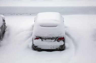 Car under a thick layer of snow. Snow-covered vehicles during a winter blizzard