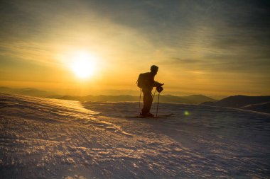 Ski touring in morning mountains, winter freeride extreme sport. Sunrise in the snowy Carpathians mountains