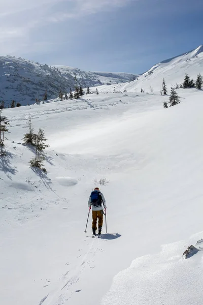 Scaling Snowy Peaks Skis Freerider Winter Mountains Ascent Stunning Mountainous — Stock Photo, Image
