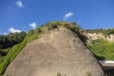 Üzerinde mavi gökyüzü, yeşil bitkiler ve ağaçlar olan bir dağ.