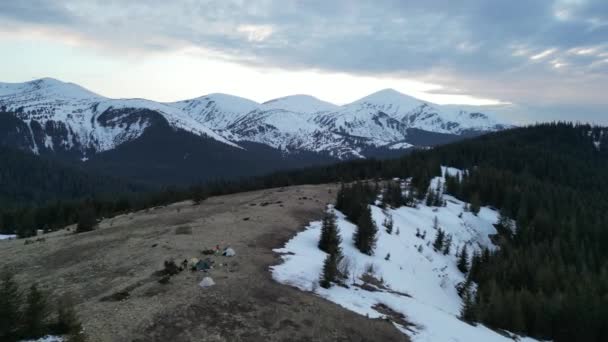 Una Vista Superior Turista Esquí Con Una Mochila Cruzando Campo — Vídeo de stock