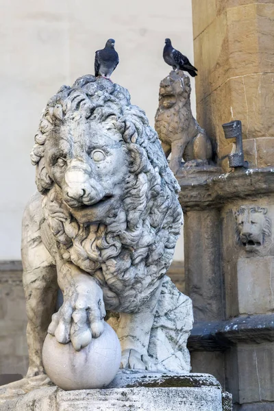 stock image Florence lion statue with a bird on its head, made by Vacca 1598, at the Loggia dei Lanzi, Italy