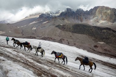 Bir grup yürüyüşçü ve yük beygiri engebeli Kazbegi bölgesinde karlı bir yamaçtan geçerek yüksek zirveleri olan.