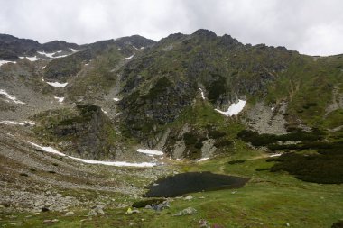 Dağ gölü Alp Vadisi 'ne kurulmuş. Kayalık tepelerde kar lekeleri ve bulutlu gökyüzünün altında yeşil çayırlar var.