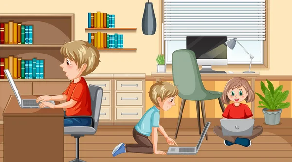 Niños Usando Dispositivos Tecnológicos Casa Ilustración — Vector de stock