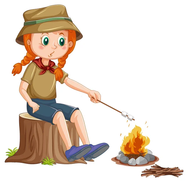 Camping Meisje Roosteren Marshmallow Illustratie — Stockvector