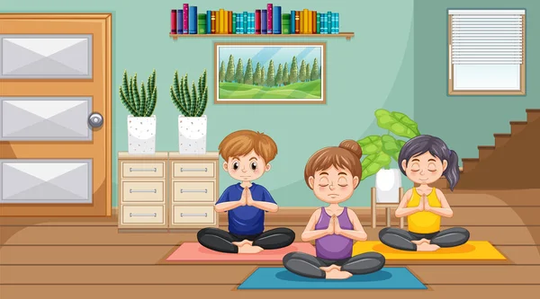 Personas Que Practican Yoga Ejercicio Meditación Ilustración — Archivo Imágenes Vectoriales