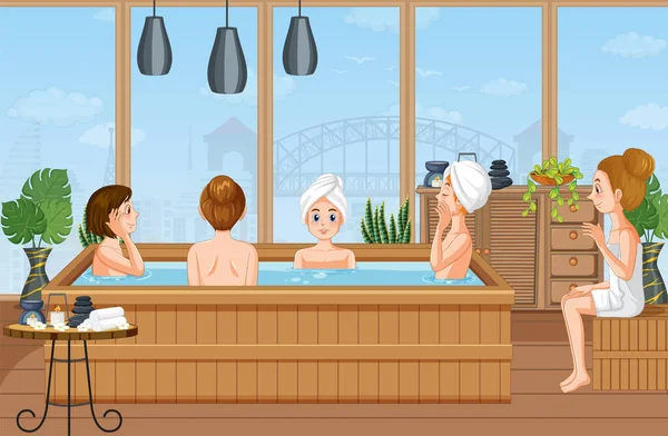 Personas Disfrutando Ilustración Spa Bañera Hidromasaje — Vector de stock