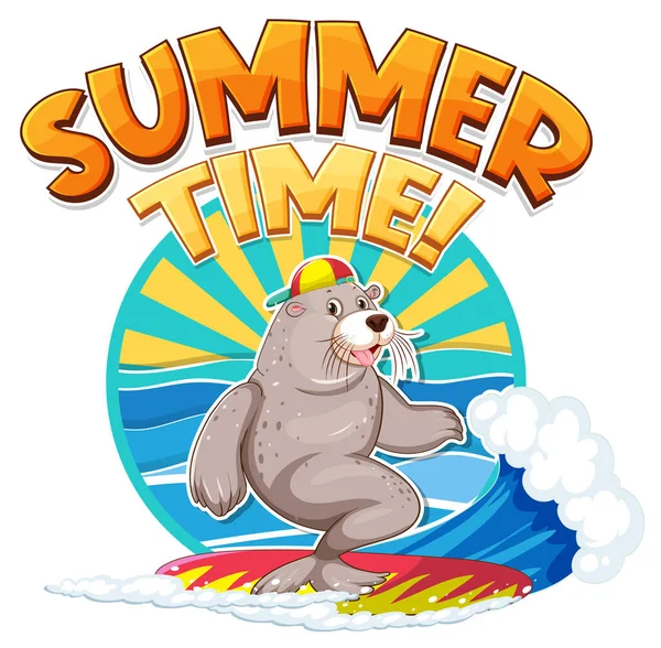 Seal Cartoon Character Summer Time Word Illustration — 图库矢量图片