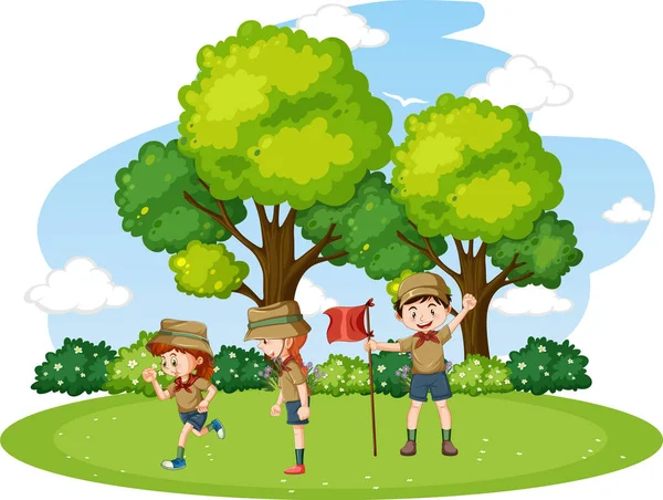 Ευτυχισμένα Παιδιά Κάμπινγκ Στο Πάρκο Εικονογράφηση — Διανυσματικό Αρχείο
