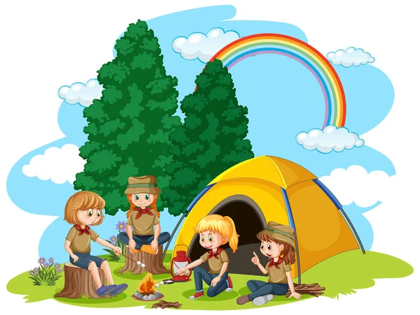 Happy Kids Camping Tent Illustration — Stock Vector