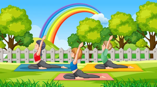 Gente Haciendo Yoga Ilustración Del Parque — Vector de stock