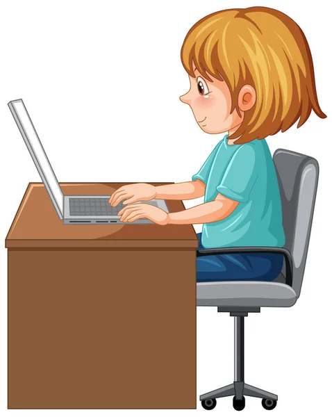 Girl Using Laptop Cartoon Illustration — 스톡 벡터