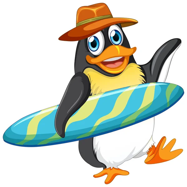 Cute Penguin Cartoon Character Holding Surfboard Illustration — Stock Vector