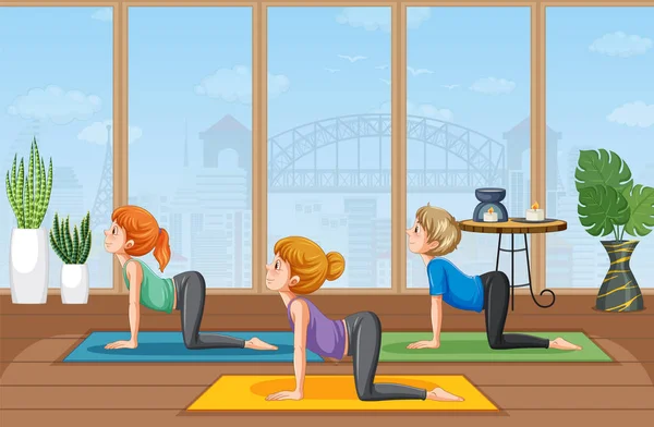 Lidé Cvičí Jógu Cvičení Meditace Ilustrace — Stockový vektor