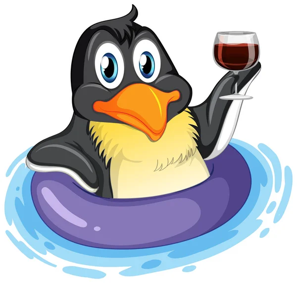 Lindo Personaje Dibujos Animados Pingüino Con Anillo Inflable Beber Vino — Vector de stock