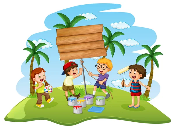 Happy Children Wooden Banner Illustration — Stockový vektor