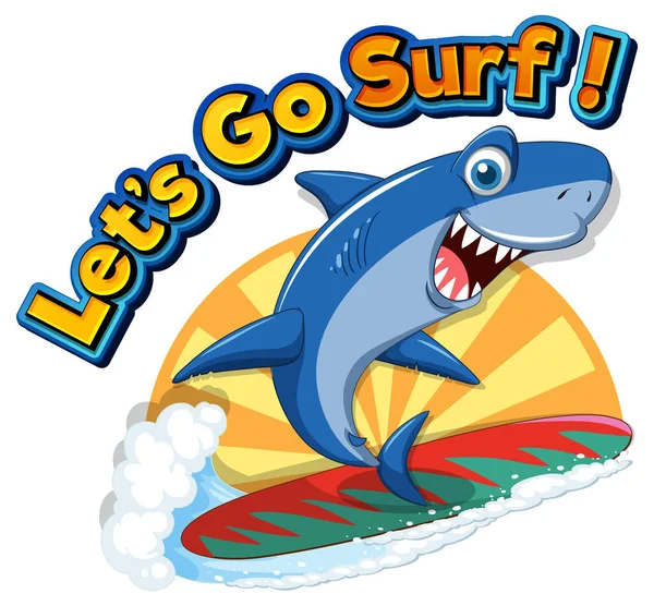 Cute Shark Cartoon Character Surfing Illustration — Stok Vektör