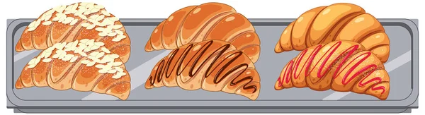 Croissant Yang Berbeda Pada Nampan Ilustrasi Terisolasi - Stok Vektor