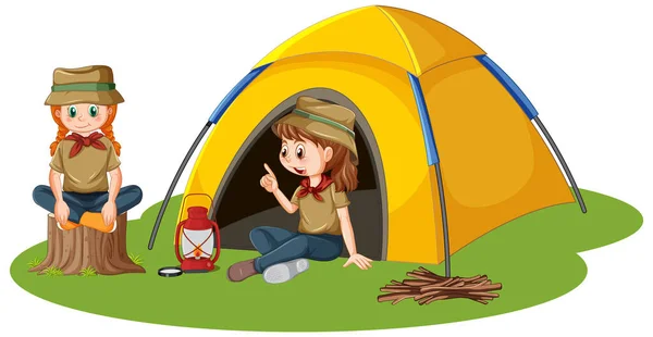 キャンプ場に座っている女の子のテント孤立イラスト — ストックベクタ