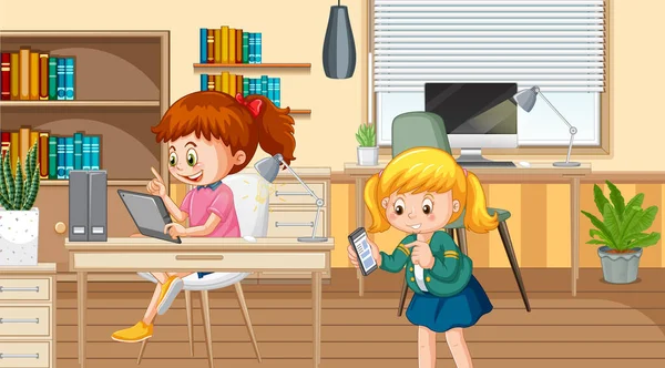 Enfants Utilisant Des Dispositifs Technologiques Maison Illustration — Image vectorielle