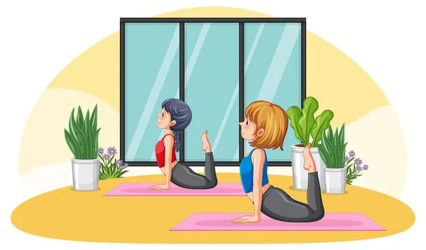 Vrouwen Die Thuis Yoga Beoefenen Illustratie — Stockvector