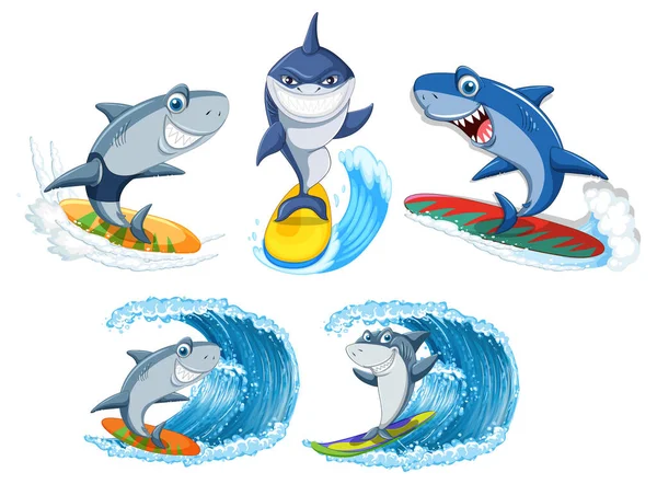 Set Shark Cartoon Character Illustration — Vetor de Stock
