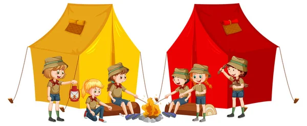 Enfants Scout Avec Illustration Tente Camping — Image vectorielle