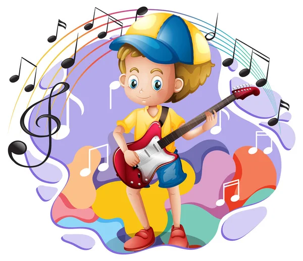 Ein Junge Spielt Gitarre Und Musik Melodie Symbole Illustration — Stockvektor