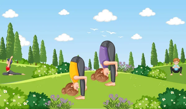 Gente Haciendo Yoga Ilustración Del Parque — Archivo Imágenes Vectoriales