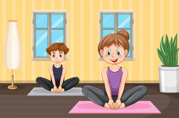 Paar Doen Yoga Thuis Illustratie — Stockvector