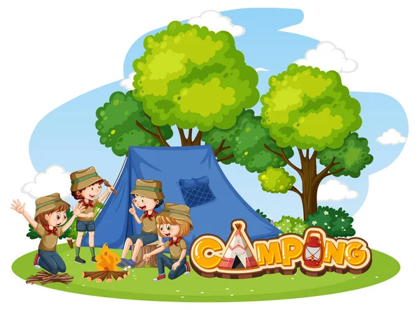 Acampamento Livre Com Scout Crianças Ilustração — Vetor de Stock