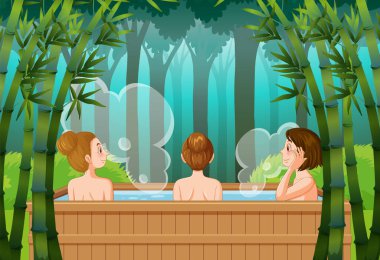 Bambu ormanlarında termal banyodaki kadınlar