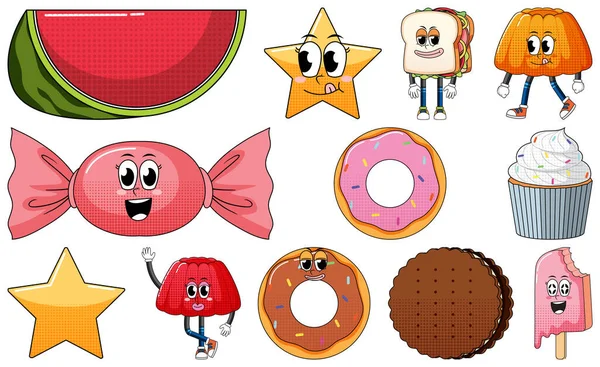 Set Objects Foods Cartoon Characters Illustration — Stockvector