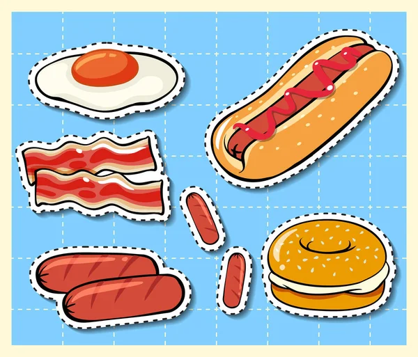 Mixed Food Cartoon Sticker Grid Background Illustration — Vetor de Stock