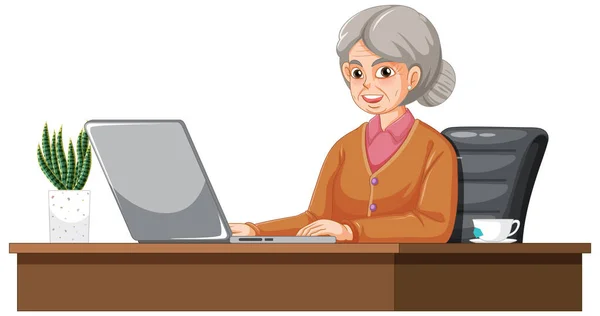 Mujer Anciana Usando Ilustración Portátil — Vector de stock