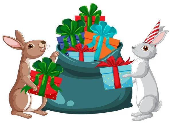 带礼品盒插图的可爱兔子 — 图库矢量图片