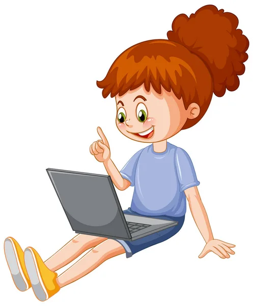 Girl Using Laptop Cartoon Illustration — Image vectorielle