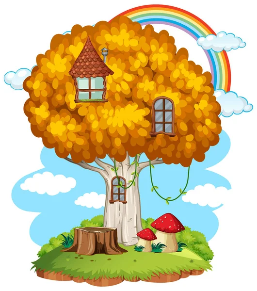 Σπίτι Νεράιδα Δέντρο Απεικόνιση Ουράνιο Τόξο — Διανυσματικό Αρχείο