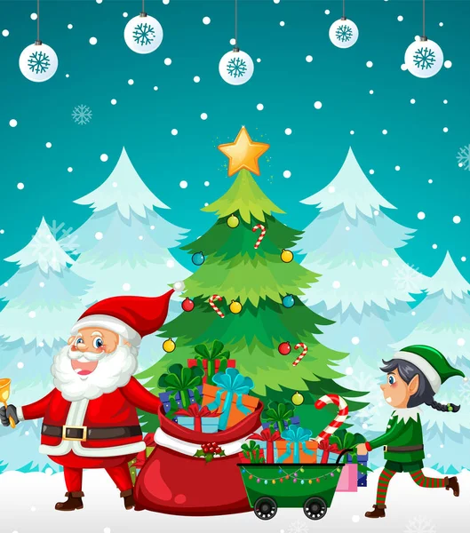 Noite Natal Com Papai Noel Elfos Ilustração — Vetor de Stock