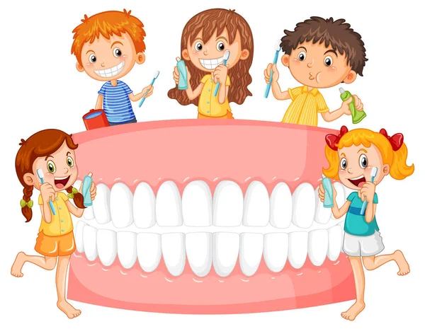 Group Children Cleaning Teeth Illustration — Stock Vector