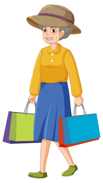 Senior Mulher Segurando Saco Compras Ilustração —  Vetores de Stock
