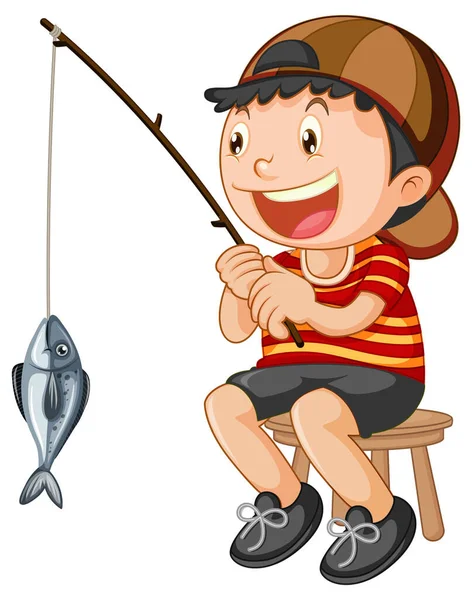 Niño Feliz Sentado Una Silla Ilustración Pesca — Archivo Imágenes Vectoriales