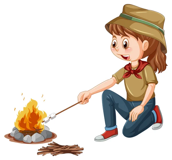 Camping Meisje Roosteren Marshmallow Illustratie — Stockvector