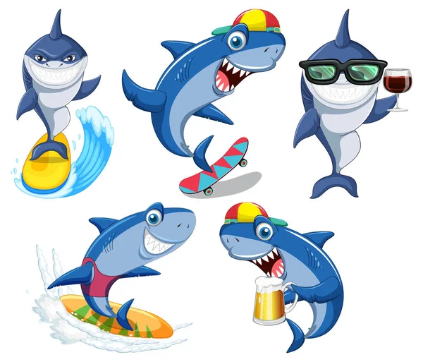 Set Von Sommer Hai Zeichentrickfigur Illustration — Stockvektor